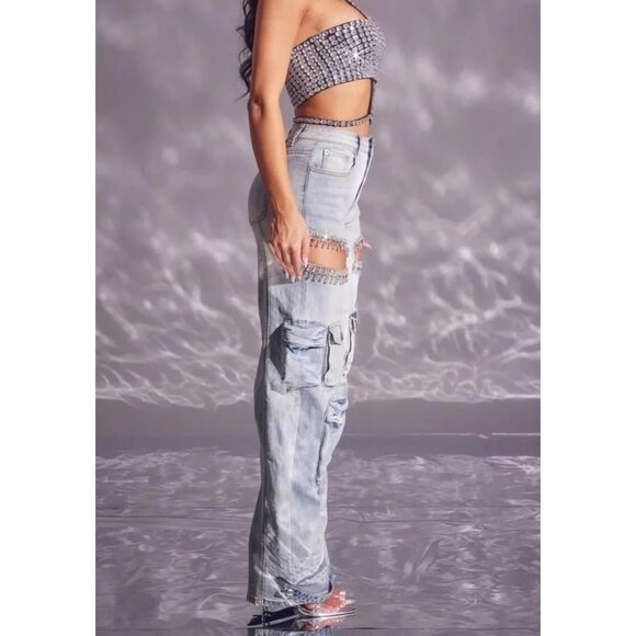 Women Rhinestone Cargo Jeans High Waist Ripped Stretchy Denim Pants - Picture 5 of 6